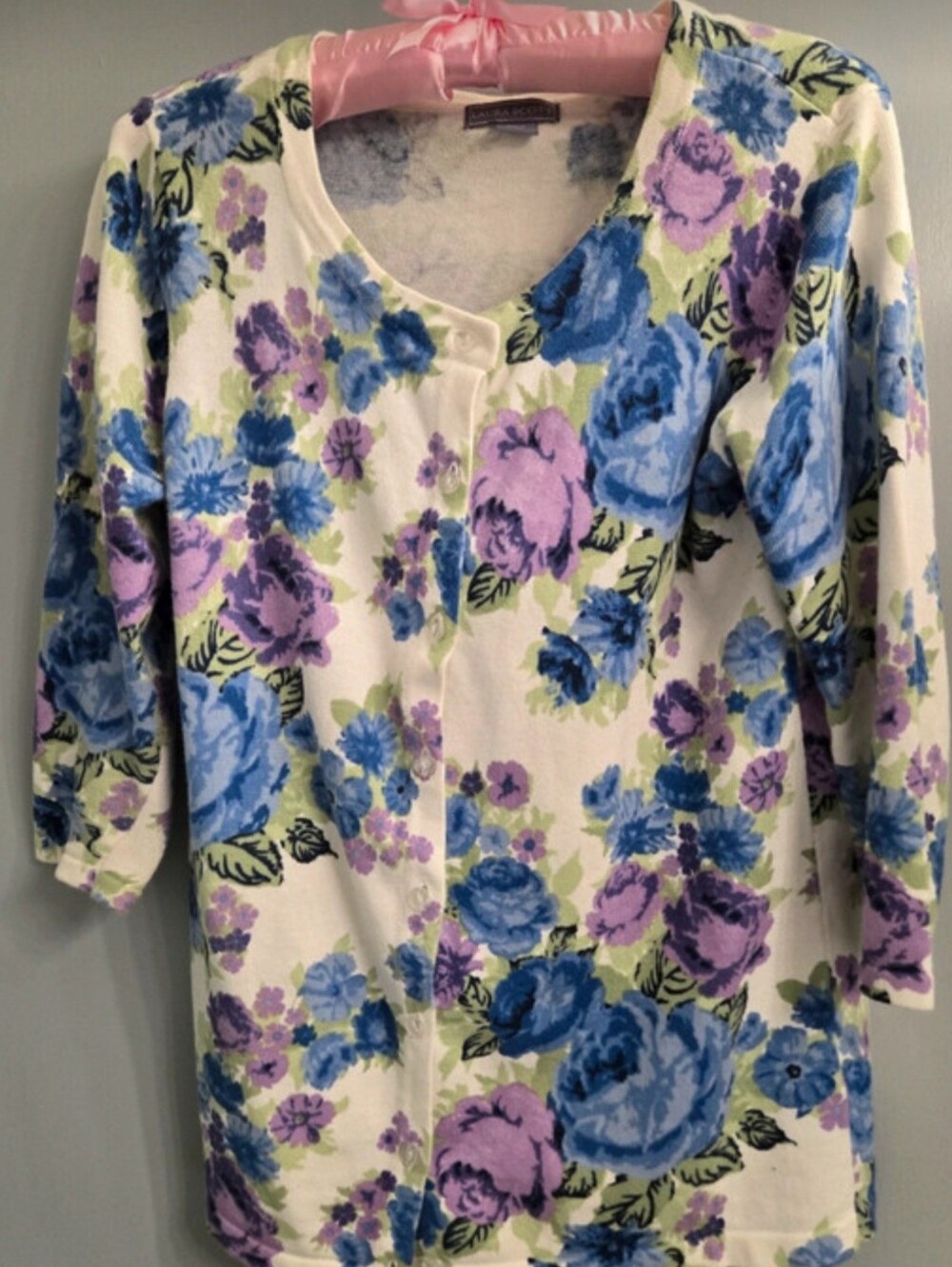 Floral Print V-Neck Women’s Top in White with Blue & Purple Roses